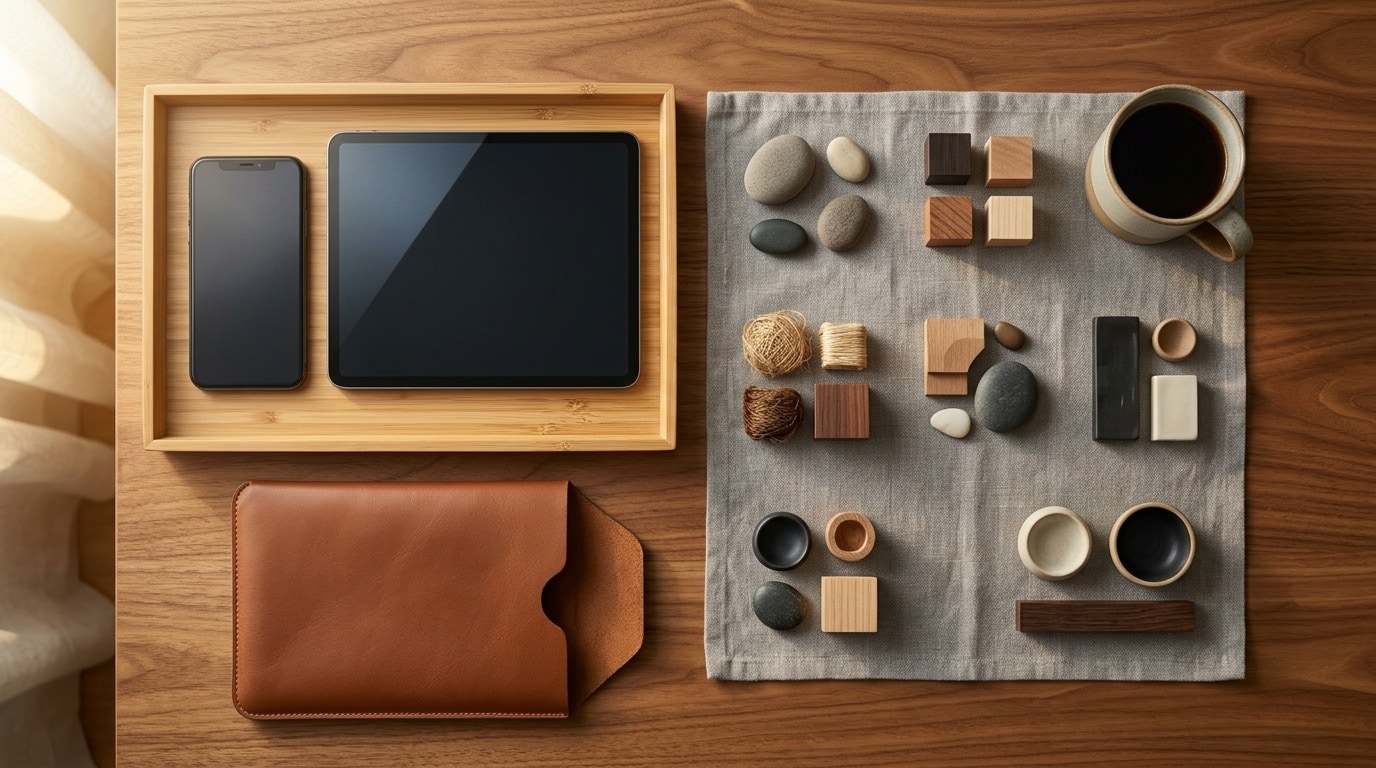 Mesa de madeira clara e organizada com smartphone e tablet em uma bandeja de bambu, capa de couro e materiais naturais — uma cena calma de clareza.