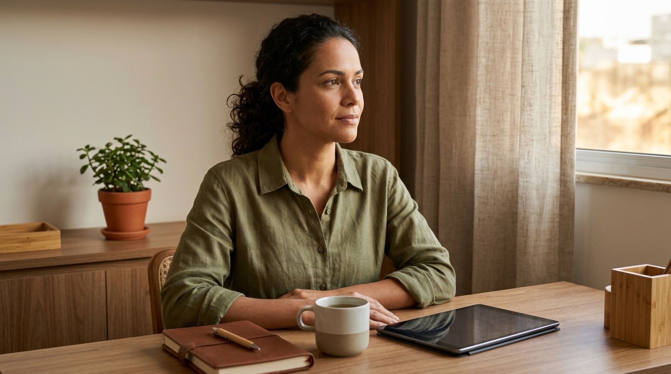 Pessoa em um ambiente de trabalho doméstico tranquilo, com tablet e luz natural, refletindo com calma sobre as finanças.